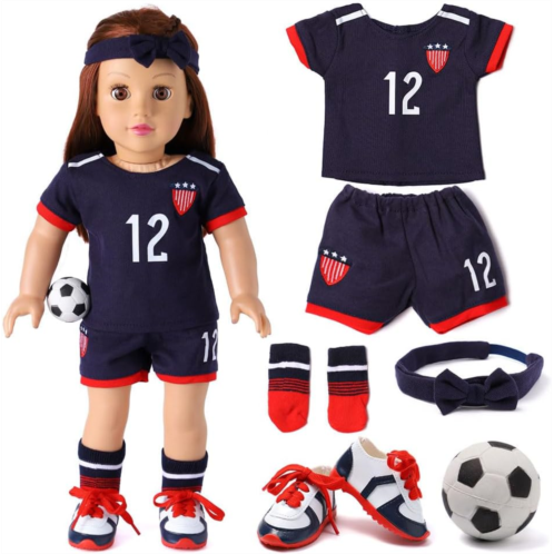 Qitzix 18-inch Girl Doll Clothes Accessories - Team USA 6 Piece Soccer Uniform Clothing Includes Headband,Shirt,Shorts, Socks,Shoes and Football Fits 18 Dolls