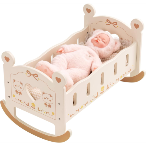 ROBOTIME Doll Crib - Wooden Baby Doll Cradle Doll Bed Doll Furniture Accessories Doll Rocking Cradle with Bedding for 18 Inch Dolls (Bear)