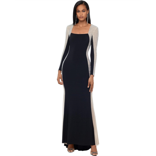 Womens XSCAPE Long Ity Square Neck Long Sleeve Dress with Caviar Beading