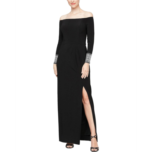 Alex Evenings Long Matte Jersey Off the Shoulder Gown with Beaded Cuff Long Sleeves