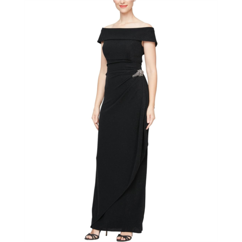 Alex Evenings Long Metallic Knit Off-the-Shoulder Dress w/Hip Embellishment