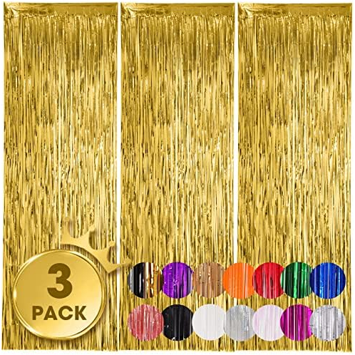 Voircoloria 3 Pack 3.3x8.2 Feet Gold Foil Fringe Backdrop Curtains, Tinsel Streamers Birthday Party Decorations, Fringe Backdrop for Graduation, Baby Shower, Gender Reveal, Disco Party