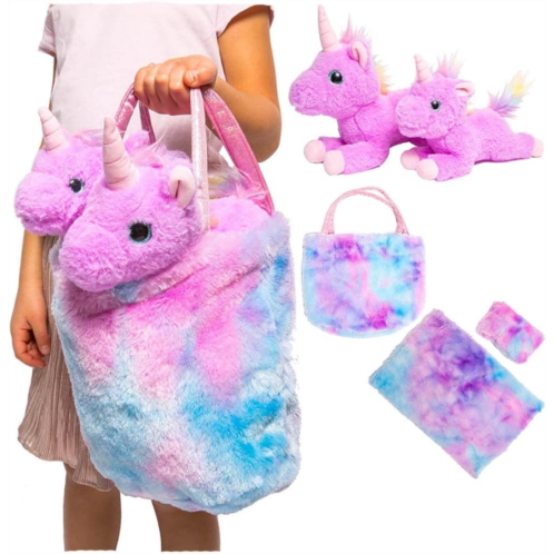Little Jupiter Mommy & Baby Unicorn Gift for Girls 4 - 5 - 6 - 7 yrs - Stuffed Animal Set w/ 2 Purple Plush Toys - Rainbow Purse Bag, Doll Pillow, Blanket, & Birth Certificate Plushies for Birthd