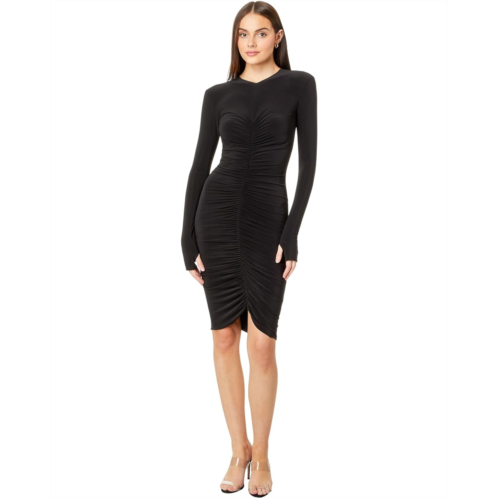 Womens Norma Kamali Long Sleeve V Neck Shirred Front Dress To Knee