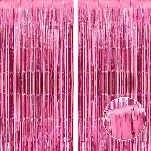Amzjjle Thicken Pink Foil Fringe Curtains Decorations 3.2x8.2ft - 2 Pack, Photo Backdrop for Birthday Bachelorette Bridal Shower Baby Shower Graduation Party, Party Streams Decor
