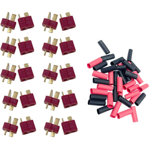 Hengfuntong-Elec 20Pcs 10 Pairs Red Color 4Grips Antis Ultra Deans T-Plug Connectors Male & Female Pins w/Shrink Tubing For RC Battery Pack Dual Charger Motor ESC And Other Electric Parts (10Pairs