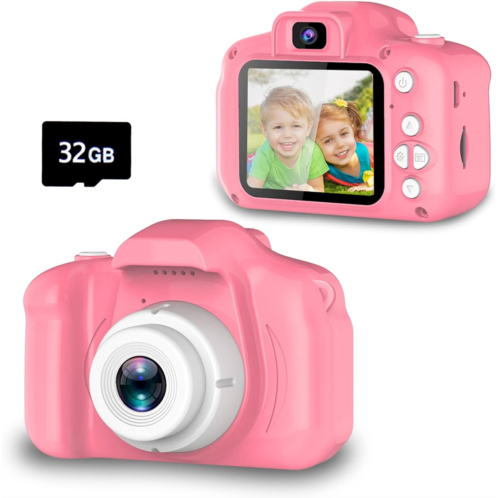Seckton Upgrade Kids Selfie Camera, Christmas Birthday Gifts for Girls Age 3-9, HD Digital Video Cameras for Toddler, Portable Toy for 3 4 5 6 7 8 Year Old Girl with 32GB SD Card-P
