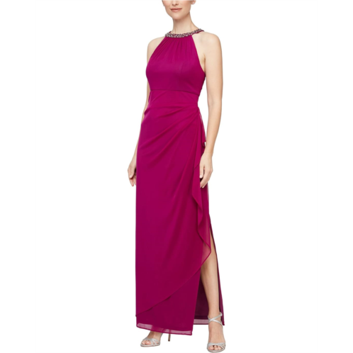 Womens Alex Evenings Beaded Halter Long Gown with Side Ruching