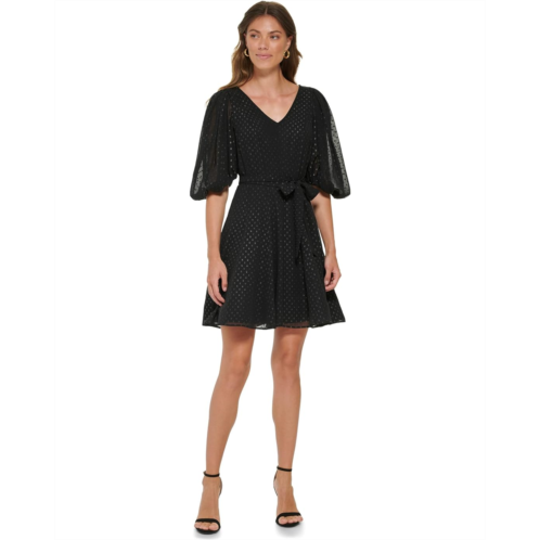 DKNY V-Neck Fit-and-Flare Dress with Balloon Sleeve