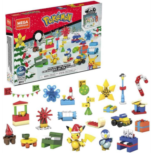 MEGA Pokemon Building Toys Set, Holiday Calendar with 202 Pieces, 2 Poseable Characters and Accessories, for Kids