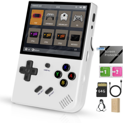 Daxceirry RG35XX Plus Retro Handheld Game Console 3.5 inch IPS Screen 3300mAh Battery Linux Players Built-in 64G Card 5515 Classic Games (RG35XX Plus White)