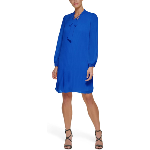 Womens DKNY Long Sleeve Pleated Shift Dress with Neck Tie