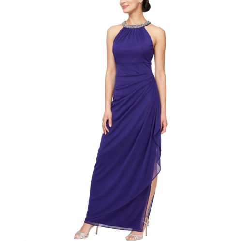 Womens Alex Evenings Long Mesh with Beaded Halter Neckline