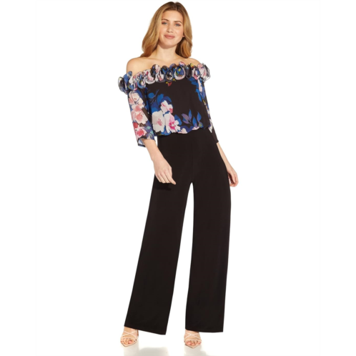 Adrianna Papell Floral Chiffon and Jersey Off-the-Shoulder Jumpsuit