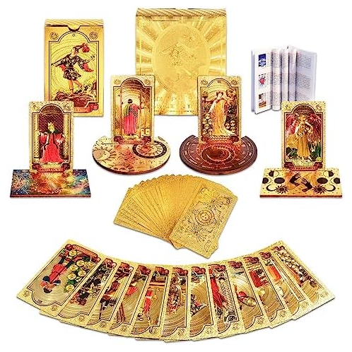 ALKALO Tarot Cards with Guide Book, 80PCS Gold Tarot Cards Set with 4Pcs Wooden Tarot Card Holder, Waterproof Tarot Deck/Fortune Telling Game Craft Cardboard for Beginners