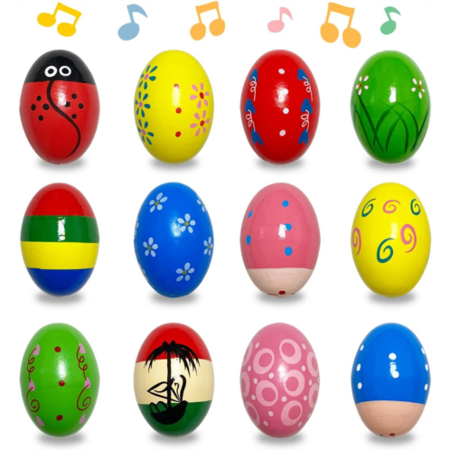 JoFAN 12 Pack Wooden Percussion Musical Shake Eggs Easter Egg Shakers for Kids Boys Girls Toddlers Easter Basket Stuffers Gifts