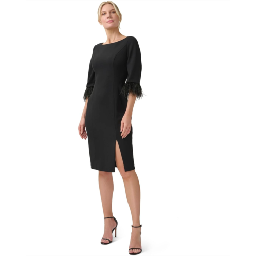 Adrianna Papell 3/4 Sleeve Stretch Crepe Sheath Dress with Feather Trim