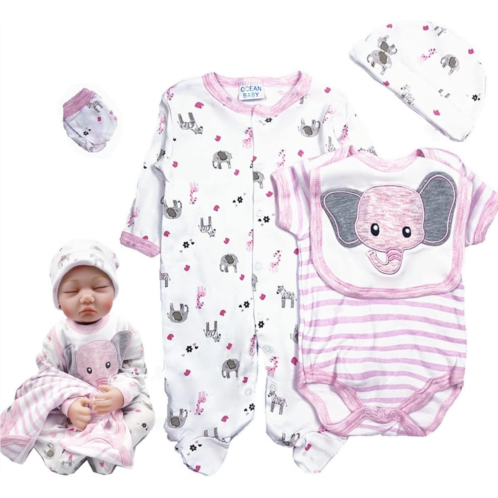 Pedolltree Reborn Baby Girl Doll Clothes Pink Elephant 5pcs Set Outfit Accessories 20-22 Inch Reborn Doll Clothes Newborn