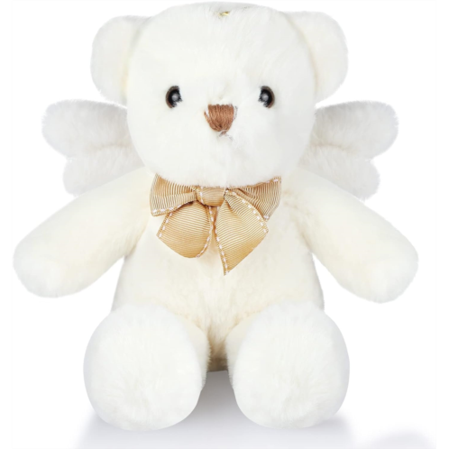 HyDren Angel Bear Plush Stuffed Animal with Wings White Bear Dolls for Boys Girls Birthday Gift (Ribbon Bow, 10 Inch)