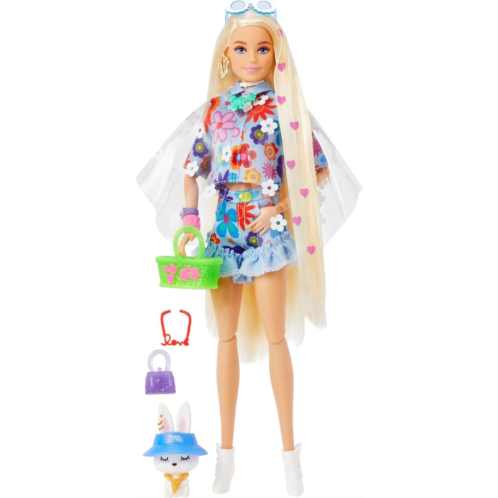 Barbie Extra Doll and Accessories with Extra-Long Blonde Hair Wearing Floral Outfit & Poncho with Pet Bunny
