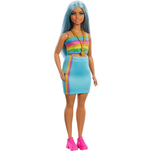 Barbie Fashionistas Doll #218 with Long Blue Hair Wearing Removable Rainbow Top & Teal Skirt, 65th Anniversary Collectible Fashion Doll