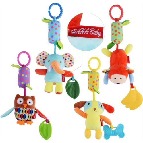 HAHA Baby Toys for 0 3 6 9 to 12 Months, Soft Hanging Crinkle Squeaky Sensory Learning Toy Infant Newborn Stroller Car Seat Crib Travel Activity Plush Animal Wind Chime with Teethe