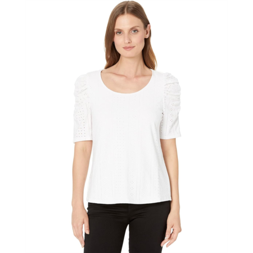 Vince Camuto Short Sleeve Ruched Knit Eyelet Top