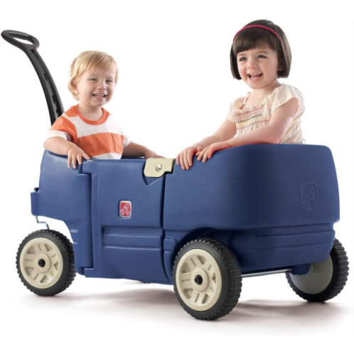 Step2 Wagon for Two Plus for Kids, Large Folding Wagon, Safety Belts, Under Seat Storage, Toddlers Ages 1.5 - 5 Years Old, Denim Blue