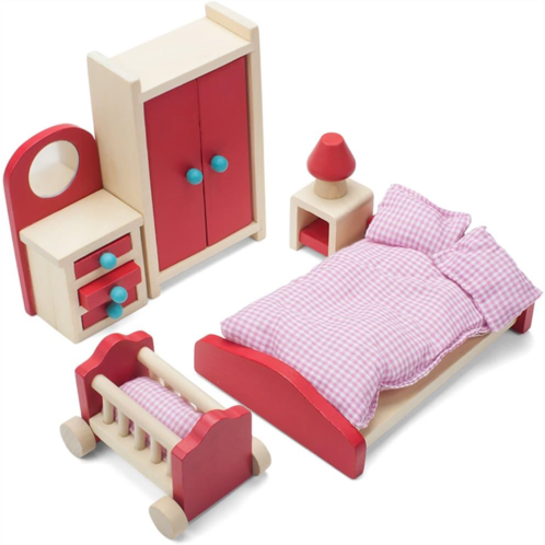 Imagination Generation Wooden Dollhouse FurnitureMade of Safe Wood and Bright Water-Based PaintCompatible with Most Doll HousesParents Bedroom