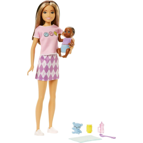 Barbie Skipper Babysitters Inc Doll & Accessories Set, Doll with Two-Tone Hair & Argyle Skirt, Baby Doll & 5 Pieces