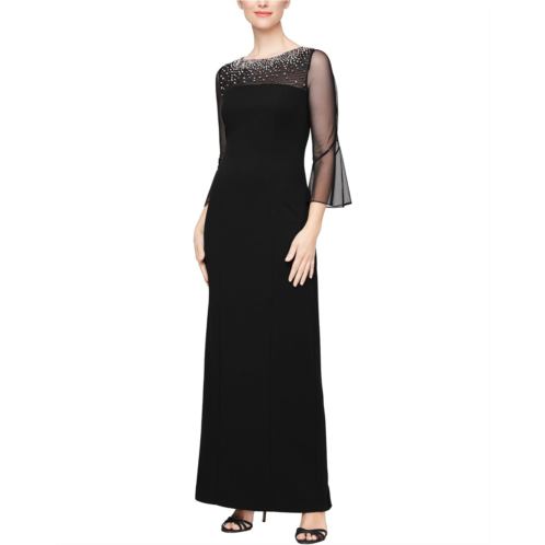 Womens Alex Evenings Long Column Dress with Mesh Bell Sleeves and Heat Set Neckline