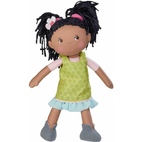 HABA Cari 12 Soft Doll - Machine Washable with Green Dress, Embroidered Face, Brown Eyes and Black Pigtails