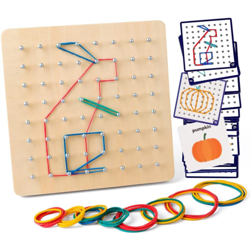 Coogam Wooden Geoboard Mathematical Manipulative Material Array Block Geo Board - Graphical Educational Toys with 30Pcs Pattern Cards and Latex Bands Shape STEM Puzzle Matrix 8x8 B