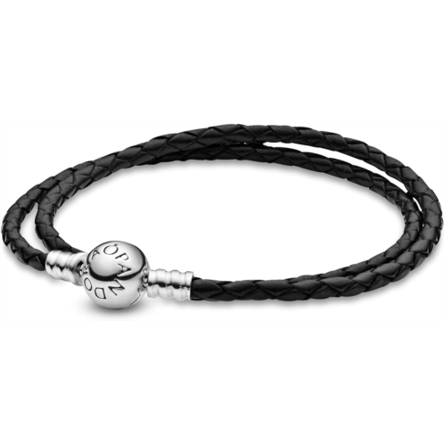 Pandora Jewelry Black Leather Charm Sterling Silver Bracelet, 16.1, No Box