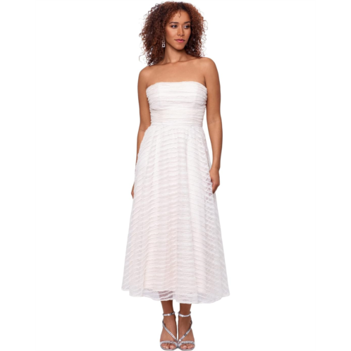 Betsy & Adam Long Strapless Embroidered Mesh Midi Dress