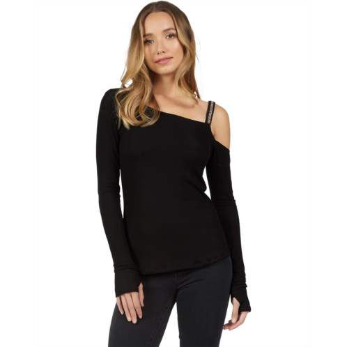 Michael Lauren Andros Long Sleeve One Shoulder Tee w/ Chain Tape