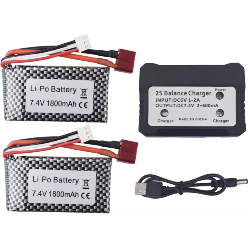 sea jump 2PCS 7.4V 1800mah T-Head high-Rate Lithium Battery with 2-in-1 Charger for WLTOYS A959-B A969-B A979-B K929-B 144001 RC high-Speed Off-Road Vehicle Spare Battery