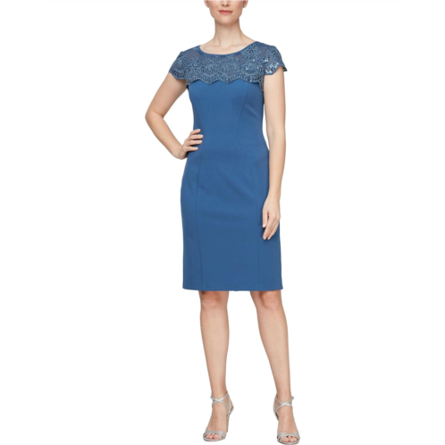 Alex Evenings Short Sheath Dress with Embroidered Illusion Neckline