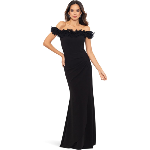 Womens XSCAPE Long Scuba Crepe Off The Shoulder Ruffle