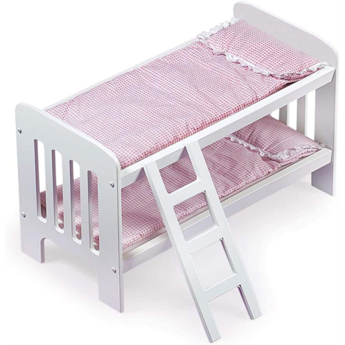 Badger Basket Toy Doll Bunk Bed with Gingham Bedding, Ladder, and Personalization Kit for 20 inch Dolls - White/Pink