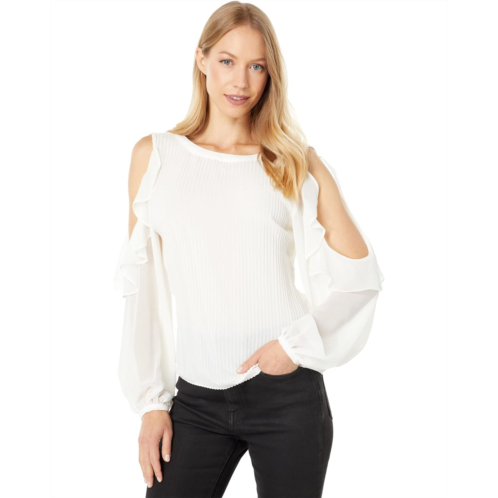 1.STATE Ruffle Long Sleeve Crew Neck Pleat Detail Top