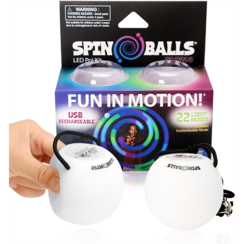 Spinballs Glow.0 LED Poi Balls Glow ? USB Rechargeable with 22 Vibrant Color Light Modes & Patterns ? Durable, Soft-Core LED Poi Spinning Balls with Adjustable Leashes & Double-Loo