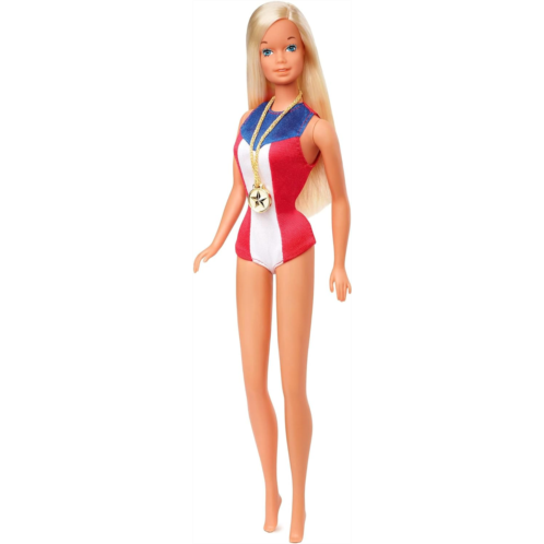 Barbie 1975 Gold Medal Doll Reproduction, Wearing Olympics-Themed One-Piece and Gold Medal Accessory. with Doll Stand and Certificate of Authenticity, Gift for Collectors