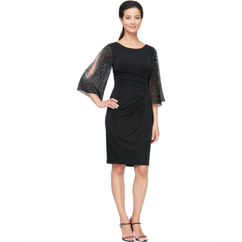 Womens Alex Evenings Short Sheath Dress with Embellished Illusion Split Sleeves and Skirt
