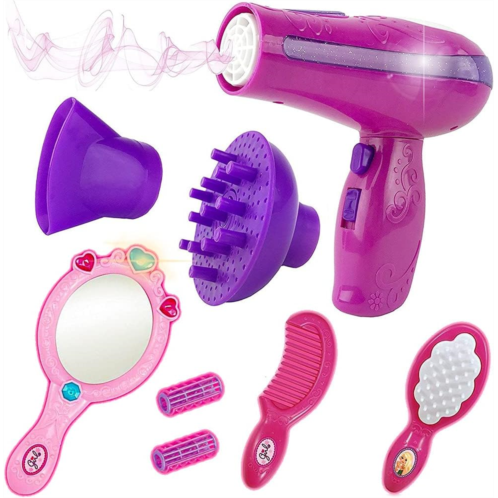Liberty Imports 7 PCS Girls Beauty Salon Styling Fashion Pretend Play Set with Toy Hairdryer, Mirror and Styling Accessories (Style 1)