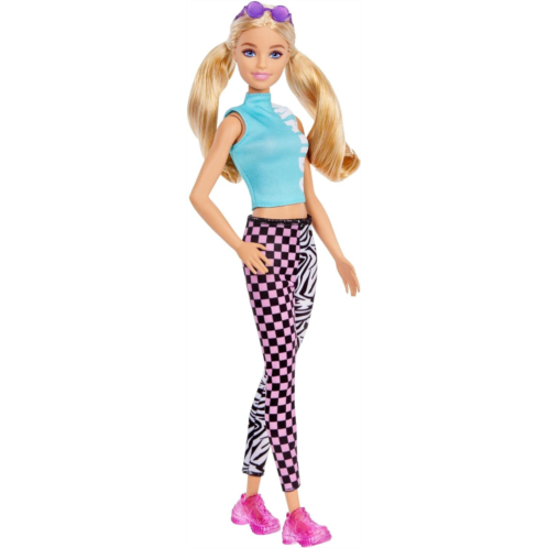 Barbie Fashionistas Doll #158, Long Blonde Pigtails Wearing Teal Sport Top, Patterned Leggings, Pink Sneakers & Sunglasses, Toy for Kids 3 to 8 Years Old