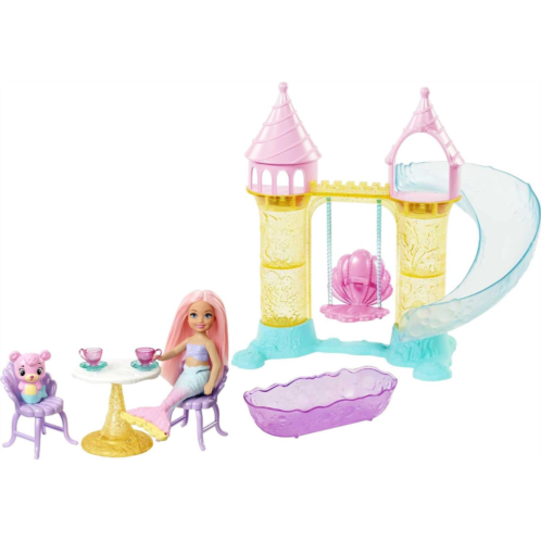Barbie Dreamtopia Mermaid Playground Playset, with Chelsea Mermaid Doll, Merbear Friend Figure and Sand Castle Set with Swing, Slide, Pool and Tea Party, Gift for 3 to 7 Year Olds
