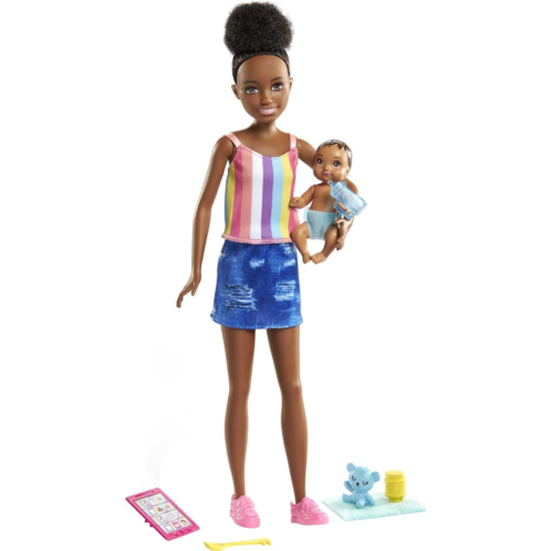 Barbie Skipper Babysitters Inc. Doll & Accessories Set with 9-in Brunette Doll, Baby Doll & 4 Storytelling Pieces for 3 to 7 Year Olds