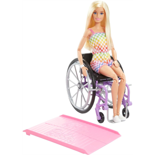 Mattel Barbie Fashionistas Doll #194 with Wheelchair and Ramp, Straight Blonde Hair and Rainbow Romper with Accessories
