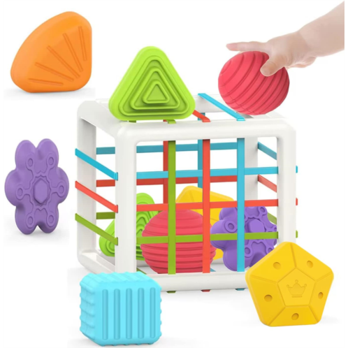 MINGKIDS Montessori Toys for 1 Year Old,Baby Sorter Toy Colorful Cube and 6 Pcs Multi Sensory Shape, Toddler Developmental Learning Toys Birthday Gifts,Baby Toys 6-12-18 Months